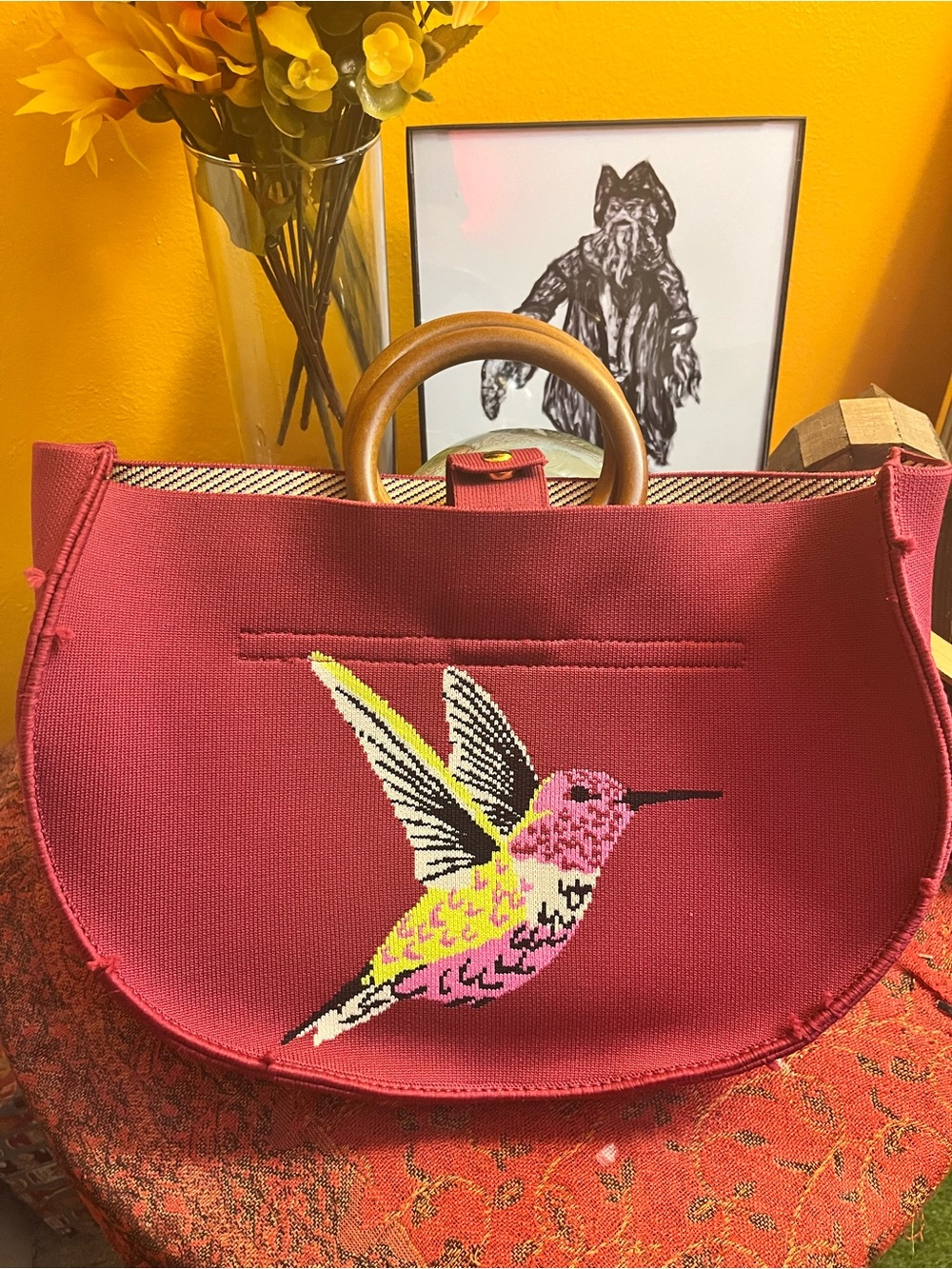 Red Embroidered Hummingbird Tote with Wooden Handles